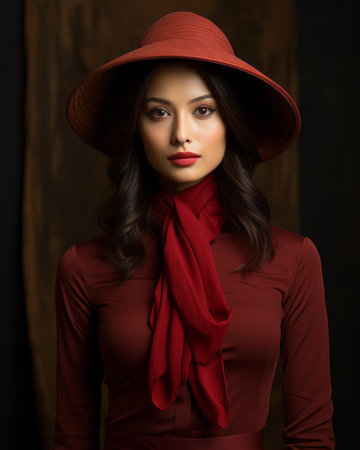 a woman wearing a red hat and a red scarfの素材