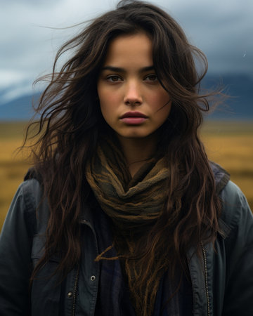 a woman with long dark hair and a scarf is standing in the middle of a fieldの素材
