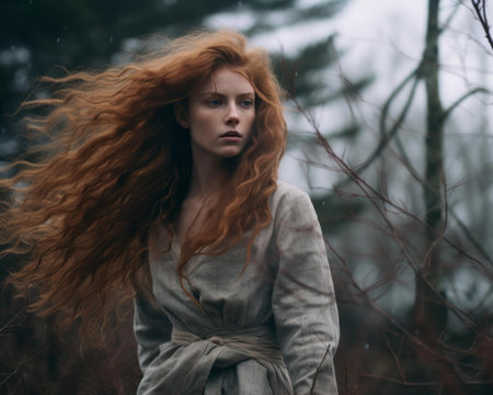 a woman with long red hair in the woodsの素材
