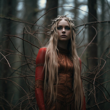 a woman with long blonde hair standing in the woodsの素材
