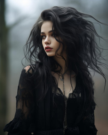 a woman with long black hair in the woodsの素材
