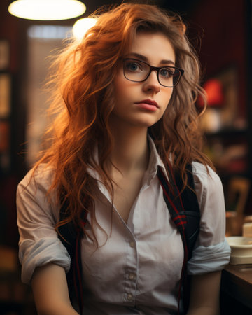 a woman with glasses sitting at a table in a coffee shopの素材