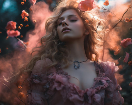 a woman with long blonde hair is surrounded by pink flowersの素材