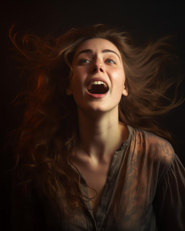 a woman with her mouth open and her hair blowing in the windの素材