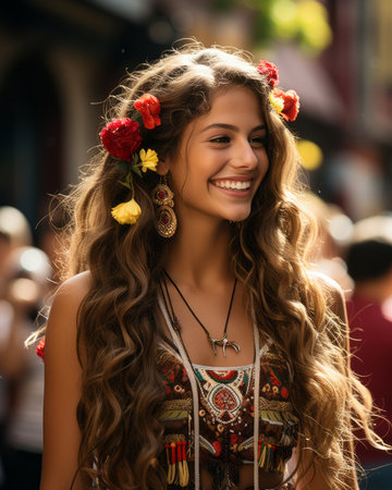 a woman with long curly hair and flowers in her hairの素材