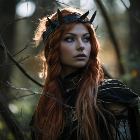 a woman with long red hair wearing a crown in the woodsの素材