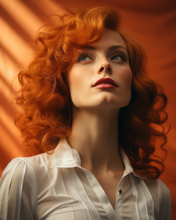 a woman with red curly hair and blue eyesの素材