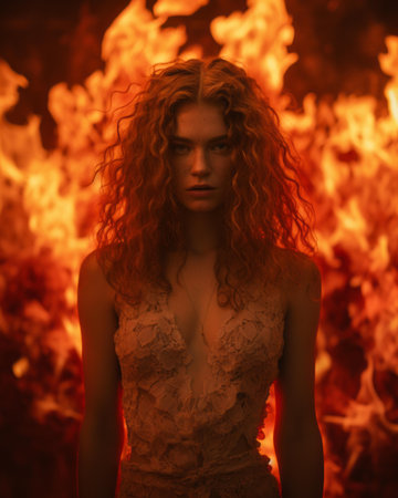 a woman with red curly hair standing in front of flamesの素材