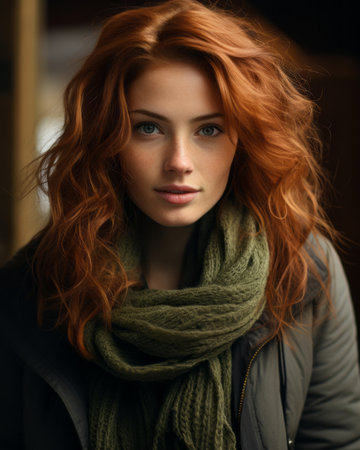 a woman with red hair and a green scarfの素材