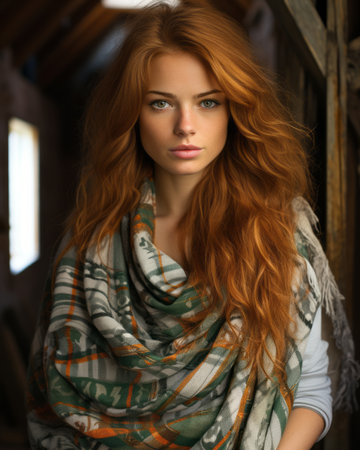a woman with long red hair wearing a scarfの素材