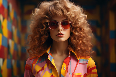 a woman with red curly hair wearing sunglasses and a colorful shirtの素材