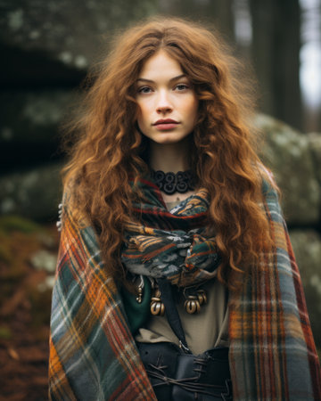 a woman with long red hair wearing a plaid scarfの素材