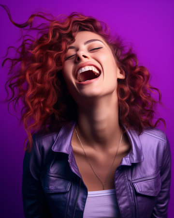 a woman with red curly hair laughing and smiling on a purple backgroundの素材