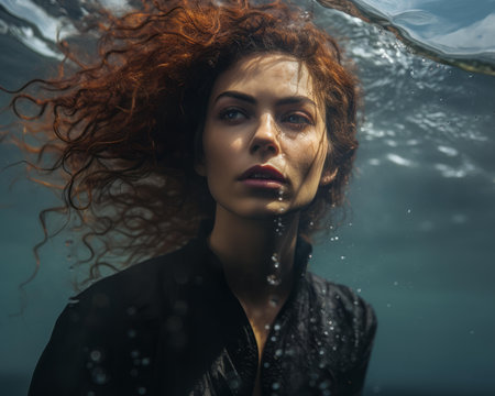 a woman with red curly hair under waterの素材