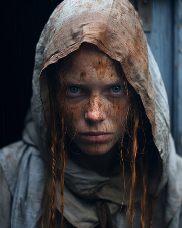 a woman with red hair and a hood onの素材