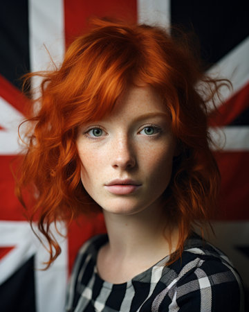 a woman with red hair and a british flag in the backgroundの素材