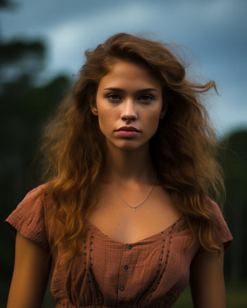a woman with long red hair standing in a fieldの素材