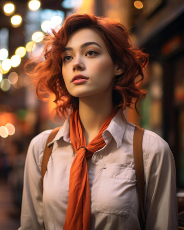 a woman with red hair and a white shirt is standing in the middle of a city streetの素材