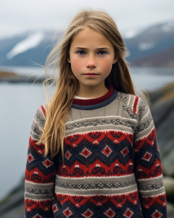 a young girl wearing a knitted sweater standing near a body of waterの素材