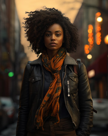 an african american woman in a leather jacket and scarf standing in the middle of a city streetの素材