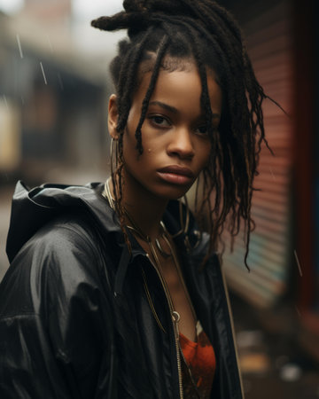 a young woman with dreadlocks standing in the rainの素材