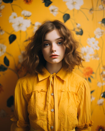 a young woman with curly hair and a yellow shirtの素材