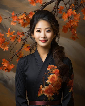 an asian woman in a black kimono posing in front of autumn leavesの素材