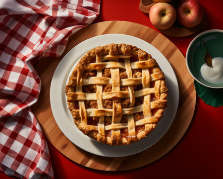 an apple pie sits on a white plate with a red and white checkered tableclothの素材