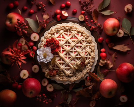 an apple pie surrounded by red apples and berriesの素材