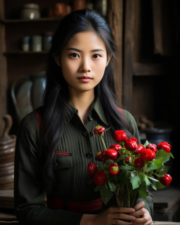 an asian woman holding a bouquet of red rosesの素材