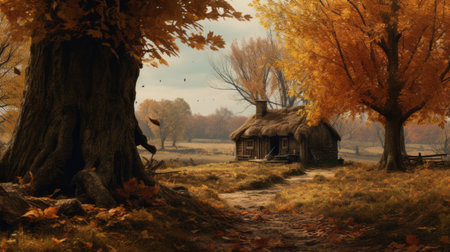 an autumn scene with a house in the middle of a fieldの素材