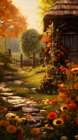 an autumn scene with flowers and trees in the backgroundの素材