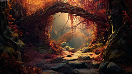 an image of an archway in the woods with trees and rocksの素材