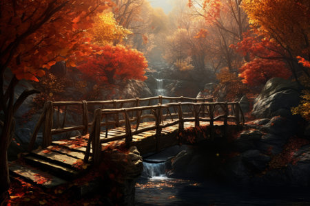 an autumn scene with a wooden bridge over a streamの素材