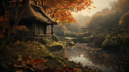 an autumn scene with a hut by a riverの素材