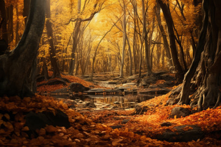 an image of an autumn forest with leaves on the groundの素材