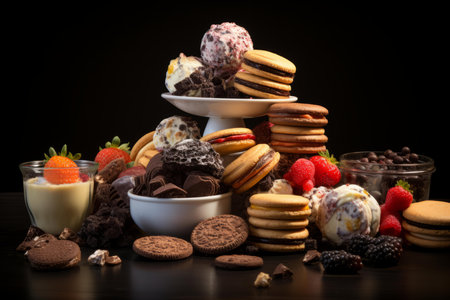 assortment of cookies and ice cream on black backgroundの素材
