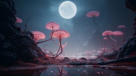an image of pink mushrooms in the dark with a full moon in the backgroundの素材