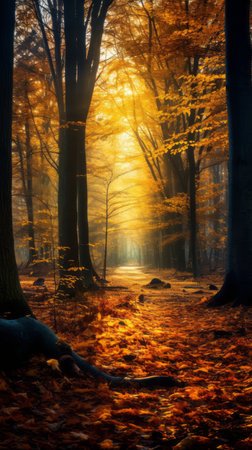an image of an autumn forest with trees and leavesの素材