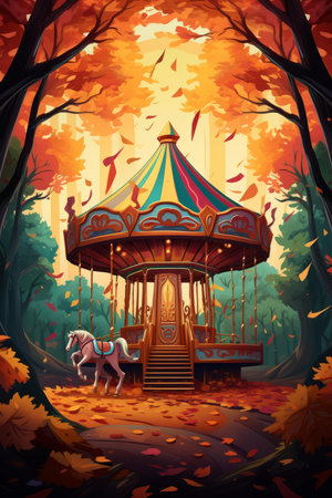 an illustration of a carousel in an autumn forestの素材