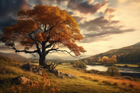autumn landscape with a tree on the hillsideの素材