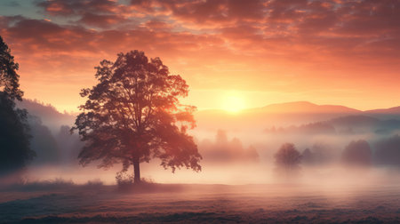 beautiful sunrise in a foggy valley with trees in the foreground and mountains in the backgroundの素材