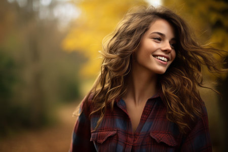 beautiful young woman smiling outdoors in autumn parkの素材