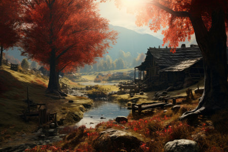 enchanting autumn valley with a rustic houseの素材