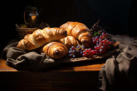 croissants and grapes on a tableの素材