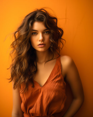beautiful young woman with curly hair posing against an orange backgroundの素材