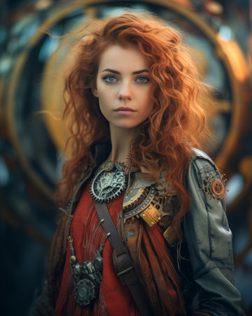 portrait of a beautiful red haired woman in a steampunk outfitの素材