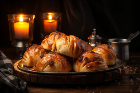 croissants on a plate with candles on a wooden tableの素材