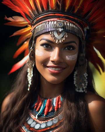 portrait of a beautiful young woman wearing an indian headdressの素材
