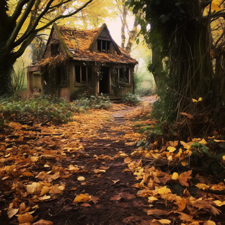 an old abandoned house in the woods with leaves on the groundの素材
